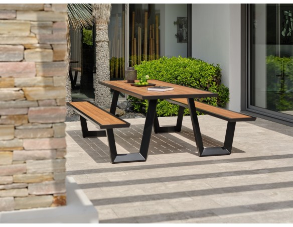 Table de jardin avec bancs TORONTO (220x184 cm) en teck et aluminium - GRIS ANTHRACITE