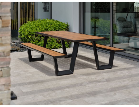 Table de jardin avec bancs TORONTO (220x184 cm) en teck et aluminium - GRIS ANTHRACITE