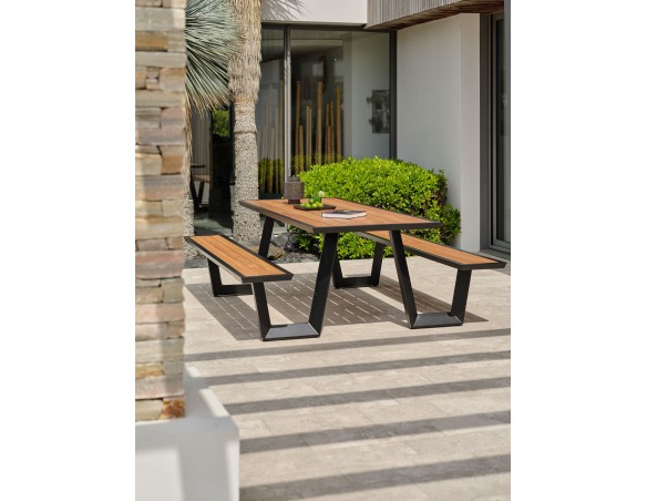 Table de jardin avec bancs TORONTO (220x184 cm) en teck et aluminium - GRIS ANTHRACITE