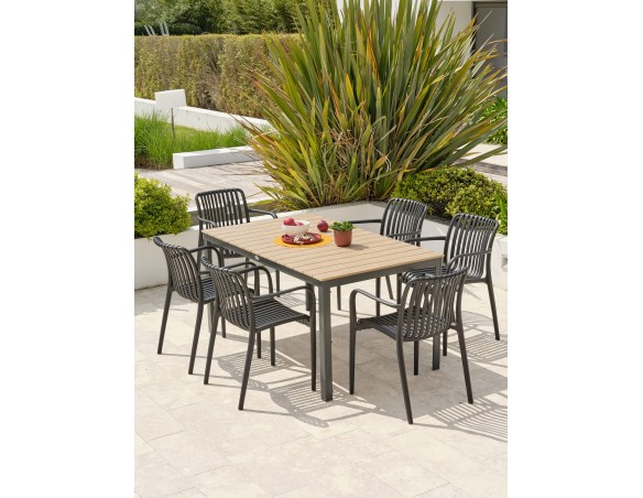 Ensemble repas boston 6 pl avec fauteuils Tiago noirs