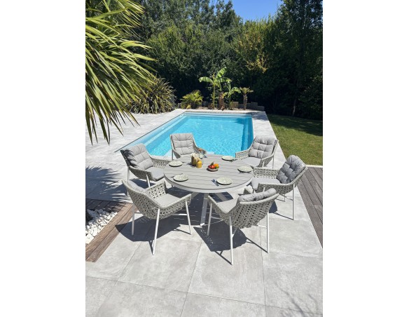 Ensemble de repas Blanc 6 places avec une table ronde - ELBA