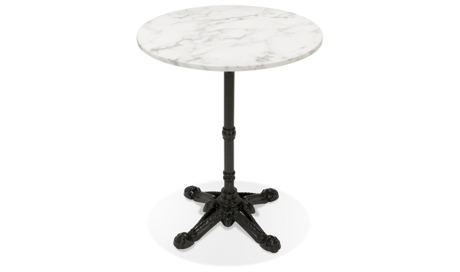Petite table bistrot ronde MARAY style rustique en pierre blanche effet marbre et métal noir - 60 cm