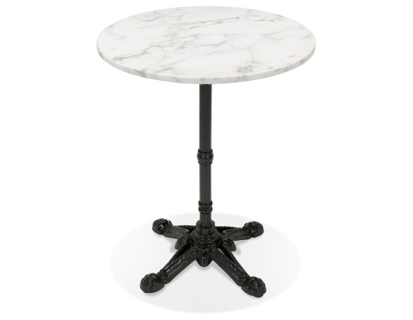 Petite table bistrot ronde MARAY style rustique en pierre blanche effet marbre et métal noir - 60 cm