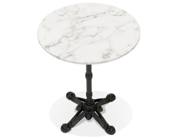 Petite table bistrot ronde MARAY style rustique en pierre blanche effet marbre et métal noir - 60 cm