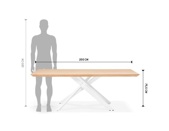 Table à diner WALABY en bois finition naturelle avec pied central en x blanc - 200x100 cm