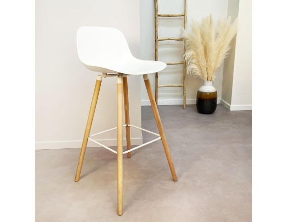 Tabouret de bar TATSU blanc avec pieds en bois naturel