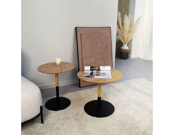 Table dappoint ronde DILA H45 en bois finition naturelle et métal noir