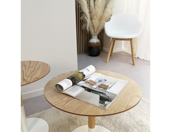 Table dappoint ronde DILA H45 en bois finition naturelle et métal blanc