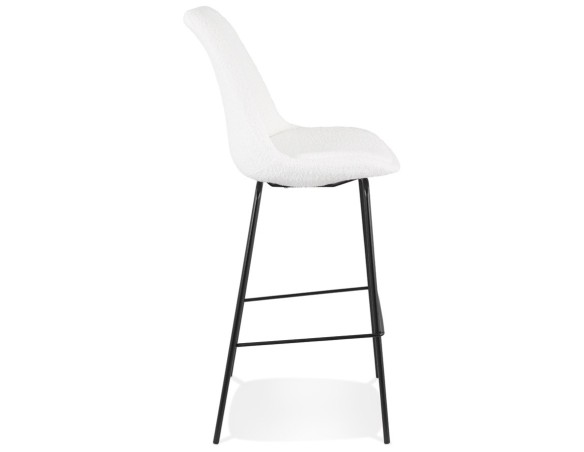 Tabouret de bar LEONIE en tissu bouloché blanc et pied en métal noir