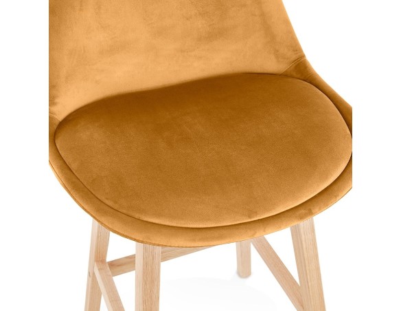 Tabouret de bar MORISS en velours moutarde et pieds en bois naturel