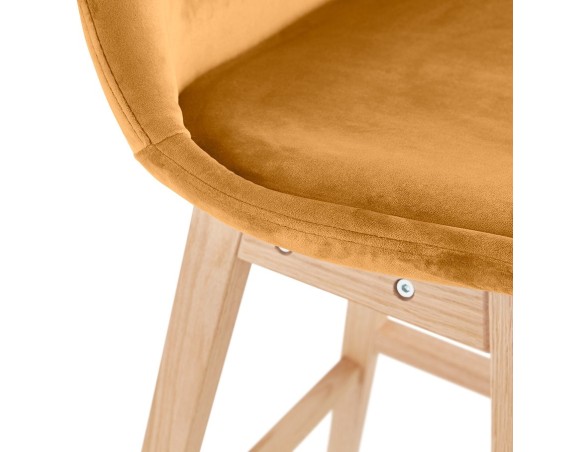 Tabouret de bar MORISS en velours moutarde et pieds en bois naturel