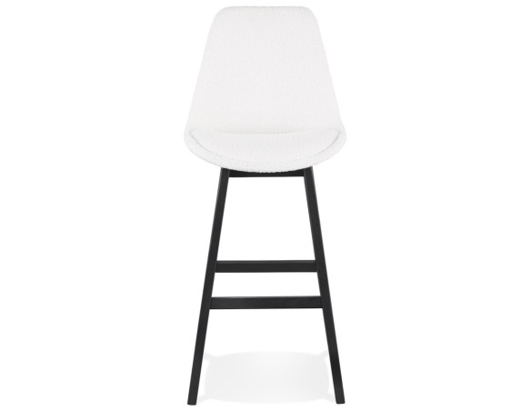 Tabouret de bar SANDRA en tissu bouloché blanc et pied en bois noir