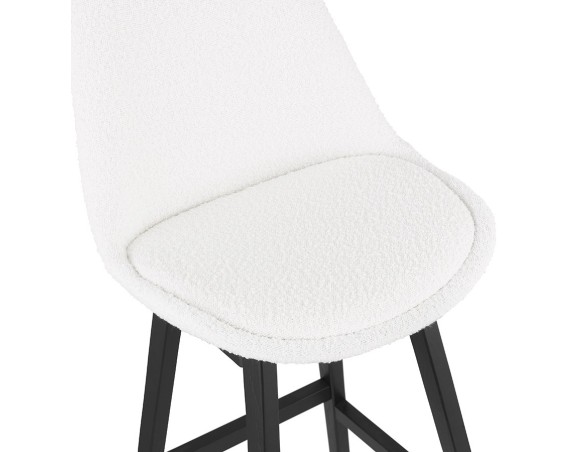Tabouret de bar SANDRA en tissu bouloché blanc et pied en bois noir