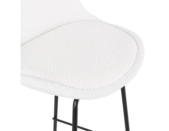 Tabouret snack mi-hauteur LEONIE MINI en tissu bouloché blanc et pied en métal noir