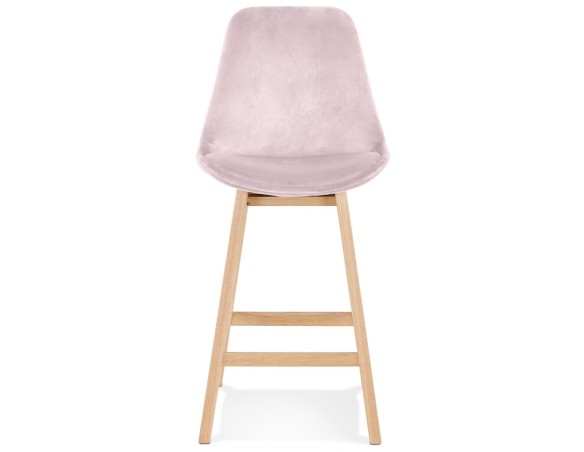 Tabouret snack mi-hauteur MORISS MINI en velours rose et pieds en bois naturel