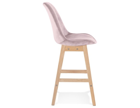 Tabouret snack mi-hauteur MORISS MINI en velours rose et pieds en bois naturel
