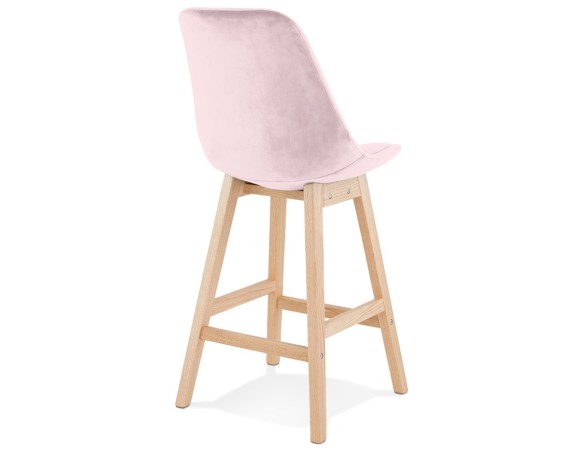 Tabouret snack mi-hauteur MORISS MINI en velours rose et pieds en bois naturel