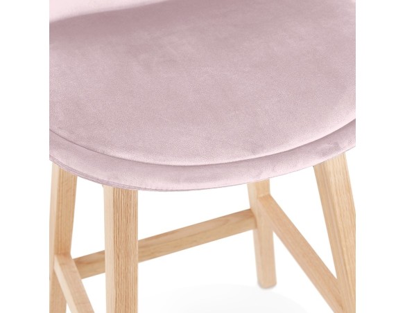 Tabouret snack mi-hauteur MORISS MINI en velours rose et pieds en bois naturel