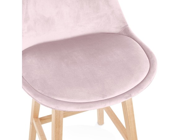 Tabouret snack mi-hauteur MORISS MINI en velours rose et pieds en bois naturel