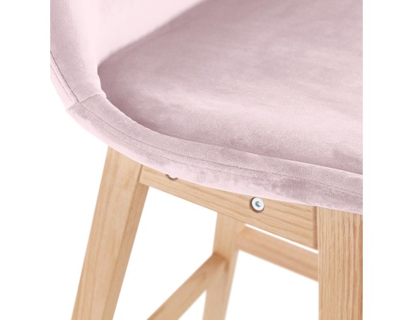 Tabouret snack mi-hauteur MORISS MINI en velours rose et pieds en bois naturel