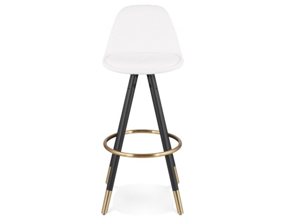 Tabouret de bar CLARISSE en tissu bouloché blanc et 4 pieds en bois noir