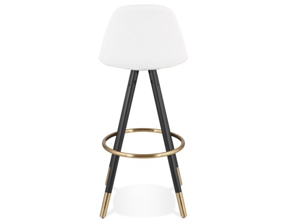 Tabouret de bar CLARISSE en tissu bouloché blanc et 4 pieds en bois noir
