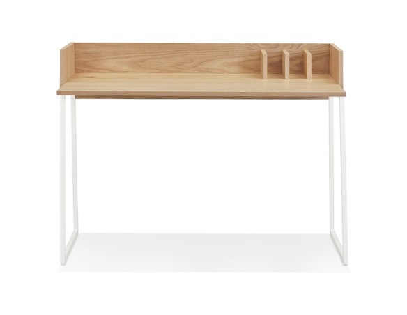 Bureau droit design SALMON en bois finition naturelle et métal blanc