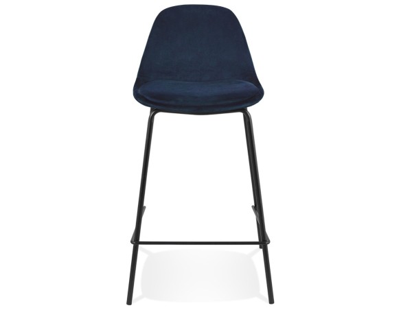 Tabouret snack mi-hauteur FENTON MINI en velours bleu et pied en métal noir