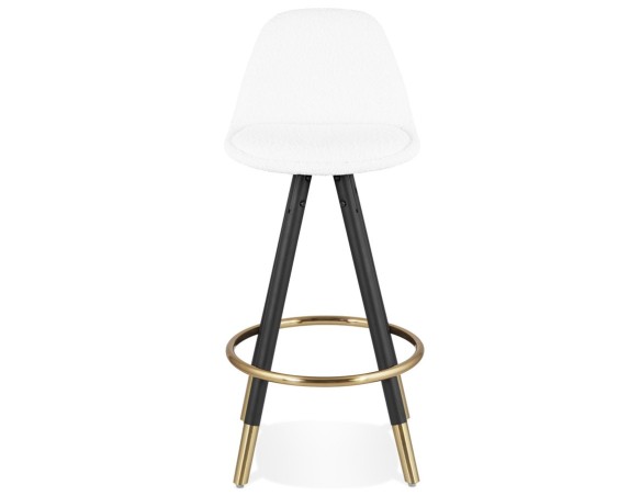 Tabouret snack mi-hauteur CLARISSE MINI en tissu bouloché blanc et 4 pieds en bois noir