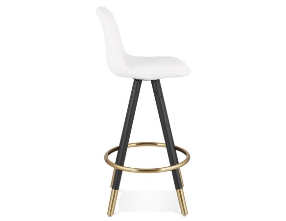 Tabouret snack mi-hauteur CLARISSE MINI en tissu bouloché blanc et 4 pieds en bois noir