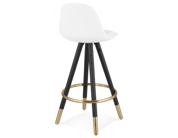 Tabouret snack mi-hauteur CLARISSE MINI en tissu bouloché blanc et 4 pieds en bois noir