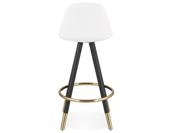 Tabouret snack mi-hauteur CLARISSE MINI en tissu bouloché blanc et 4 pieds en bois noir