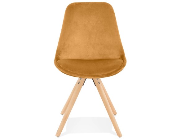 Chaise vintage RICKY en velours moutarde et pieds en bois naturel