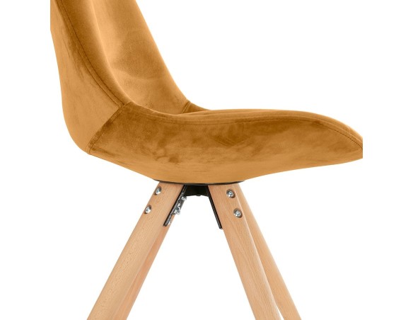 Chaise vintage RICKY en velours moutarde et pieds en bois naturel