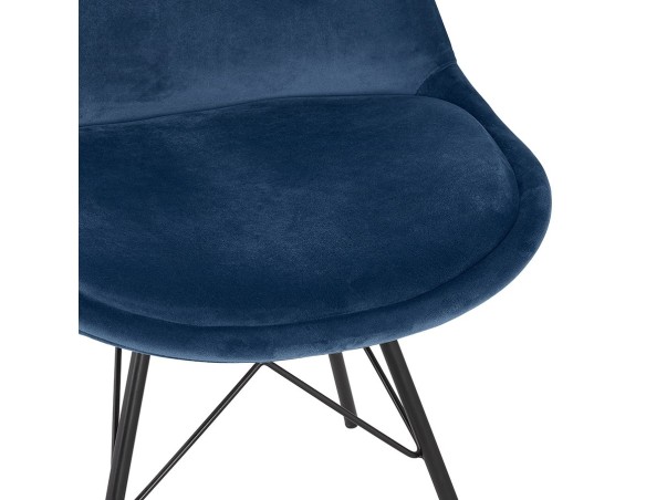 Chaise design ZAZY en velours bleu et pieds en métal noir