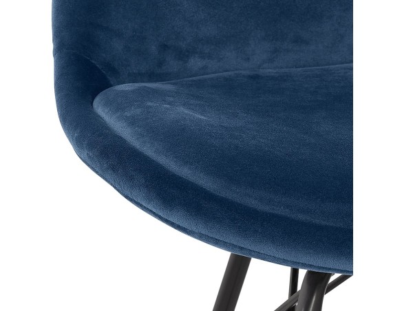 Chaise design ZAZY en velours bleu et pieds en métal noir
