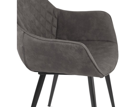 Chaise avec accoudoirs CHIGI gaufrée en microfibre gris foncé et pieds en métal noir