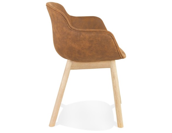 Chaise avec accoudoirs RUPERT en microfibre brune et pieds en bois naturel