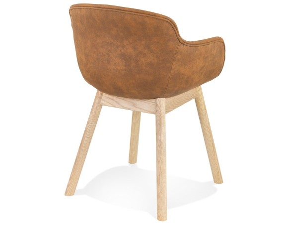 Chaise avec accoudoirs RUPERT en microfibre brune et pieds en bois naturel