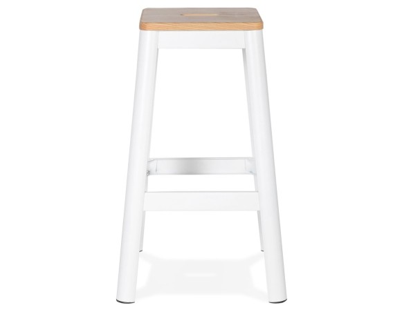Tabouret haut style industriel LIDYA avec structure en métal blanc et assise en bois