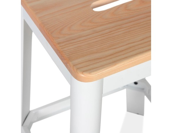 Tabouret haut style industriel LIDYA avec structure en métal blanc et assise en bois