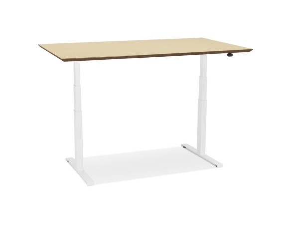 Bureau assis-debout électrique BIONIKavec plateau en bois finition naturelle et pied en métal blanc - 150x70 cm