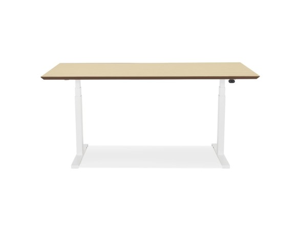 Bureau assis-debout électrique BIONIKavec plateau en bois finition naturelle et pied en métal blanc - 150x70 cm