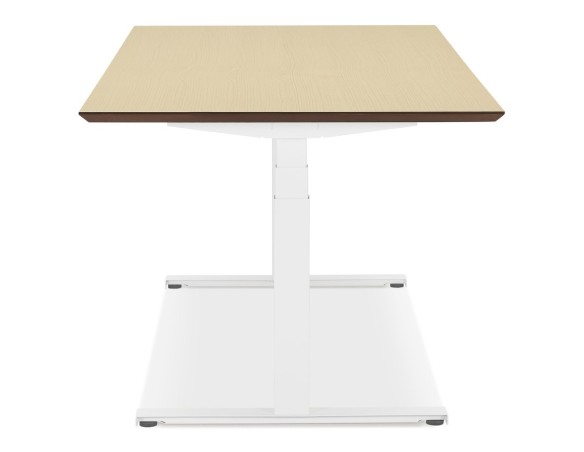 Bureau assis-debout électrique BIONIKavec plateau en bois finition naturelle et pied en métal blanc - 150x70 cm
