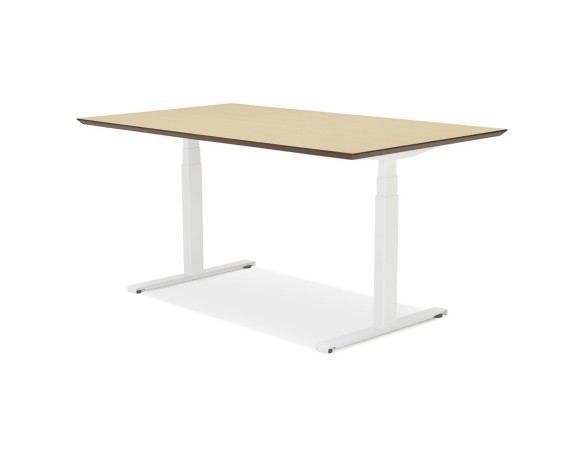 Bureau assis-debout électrique BIONIKavec plateau en bois finition naturelle et pied en métal blanc - 150x70 cm