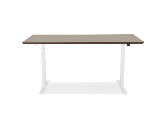 Bureau assis-debout électrique BIONIKavec plateau en bois finition Noyer et pied en métal blanc - 150x70 cm