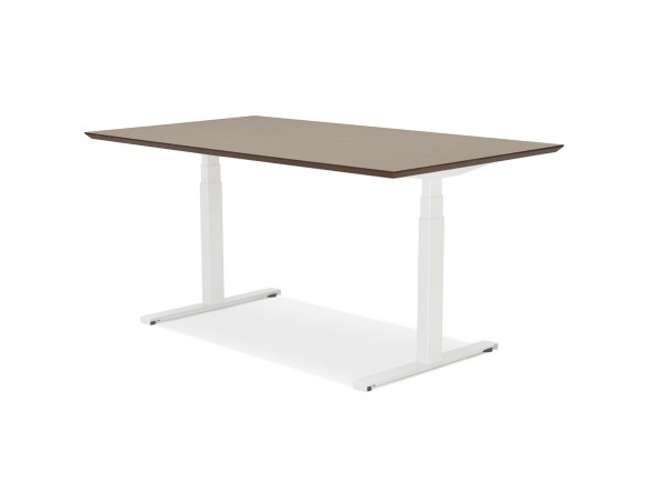 Bureau assis-debout électrique BIONIKavec plateau en bois finition Noyer et pied en métal blanc - 150x70 cm