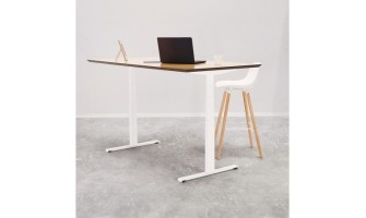 Bureau assis-debout électrique BIONIKavec plateau en bois finition naturelle et pied en métal blanc - 180x90 cm
