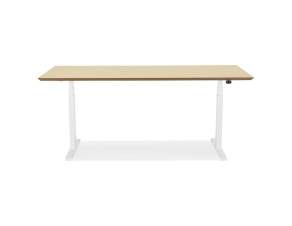 Bureau assis-debout électrique BIONIKavec plateau en bois finition naturelle et pied en métal blanc - 180x90 cm