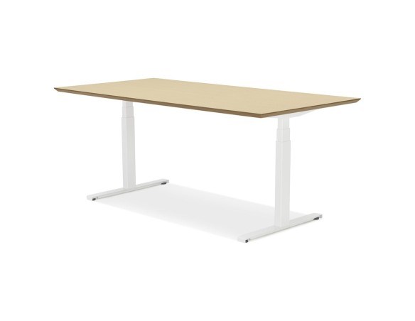 Bureau assis-debout électrique BIONIKavec plateau en bois finition naturelle et pied en métal blanc - 180x90 cm